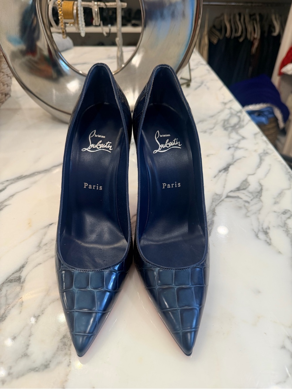 Christian Louboutin Croc-Embossed Navy Pointed Toe Pumps